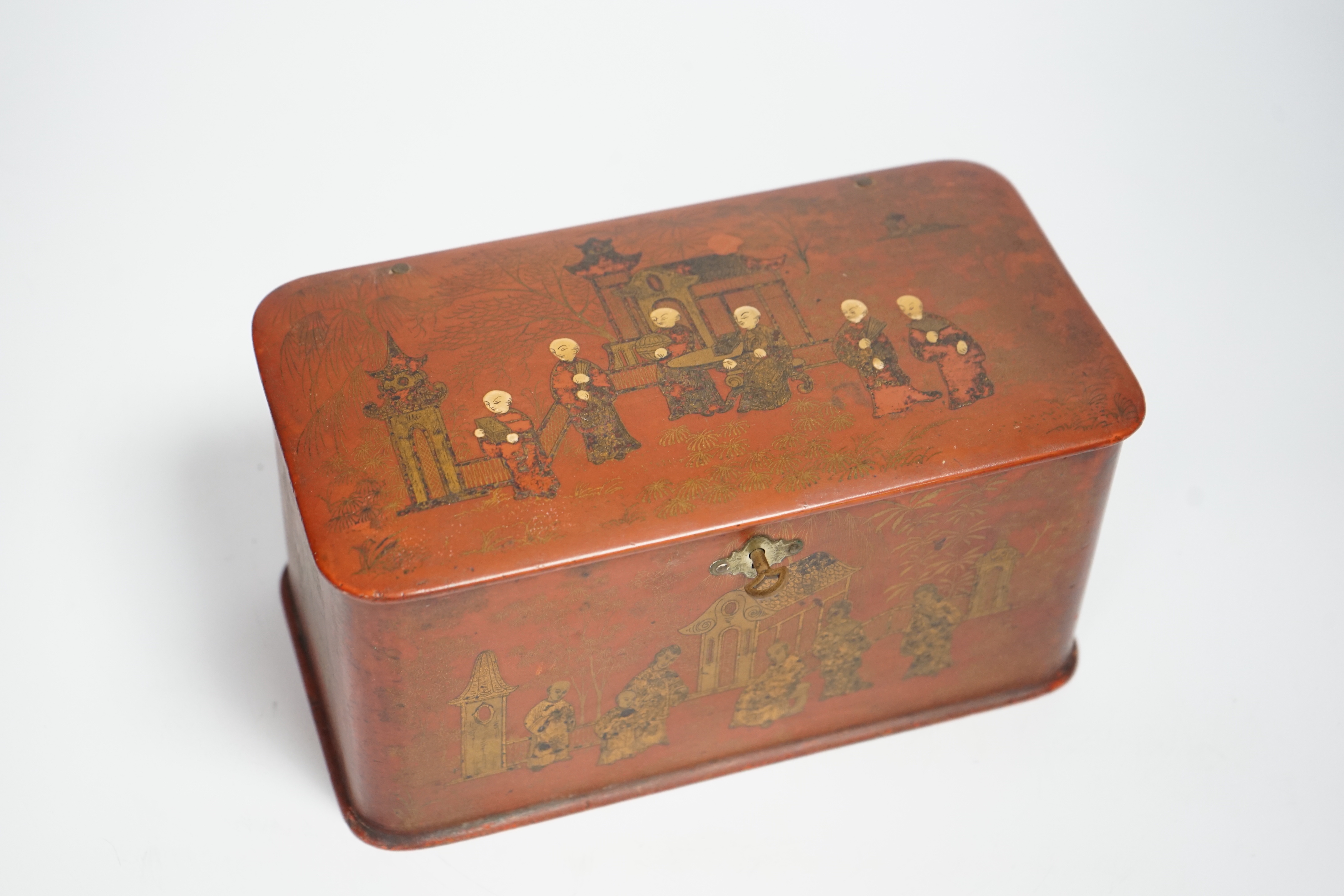 A 19th century French red japanned chinoiserie tea caddy, 11cm high